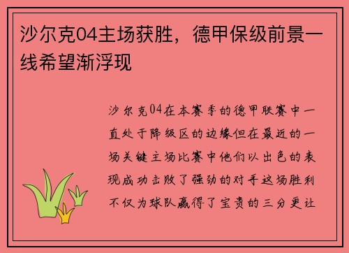 沙尔克04主场获胜，德甲保级前景一线希望渐浮现