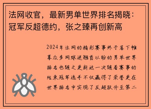 法网收官，最新男单世界排名揭晓：冠军反超德约，张之臻再创新高